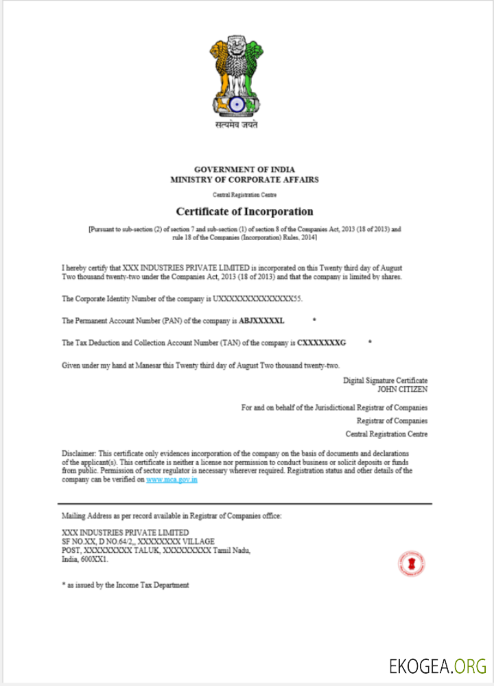 Certificat d'enregistrement de la société en Inde